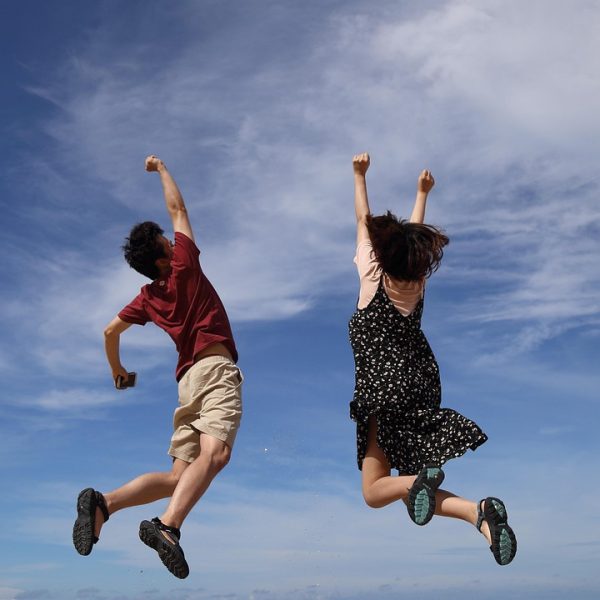 jump, sky, man, clouds, height, girl, woman, happiness, nature, joy, happy, blue sky